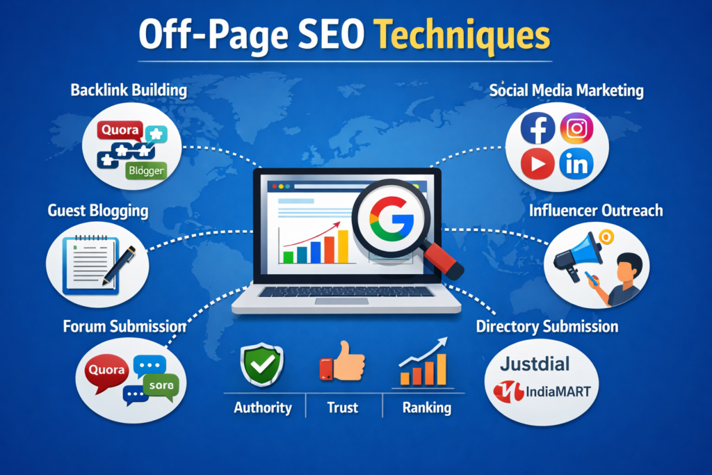 “Off Page SEO techniques infographic showing backlink building, guest blogging, and social media marketing.”