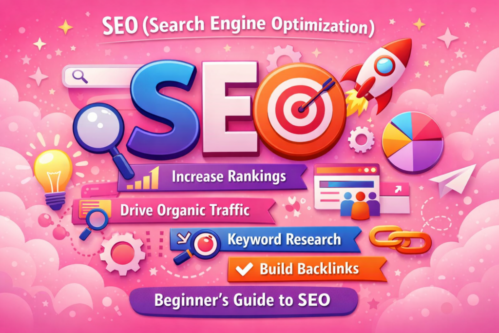 SEO Search Engine Optimization concept with keyword research, backlinks, and organic traffic growth.