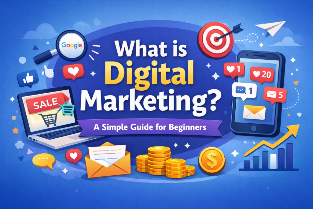 Beginner guide to digital marketing featuring laptop, smartphone, Google search, email marketing, and growth chart