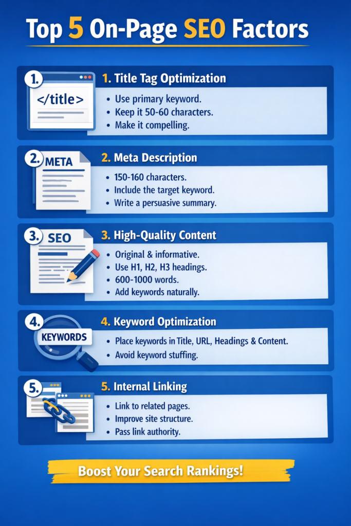 On-Page SEO infographic showing title tags, meta description, internal links and image optimization